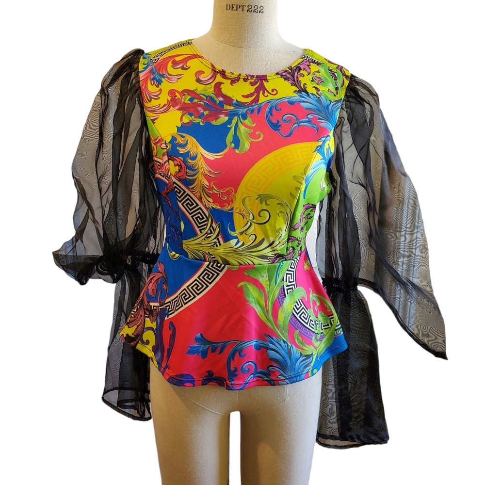Highlight Vintage Colorful Blouse Black Sheer‎ Poof Sleeves Size S Made in USA